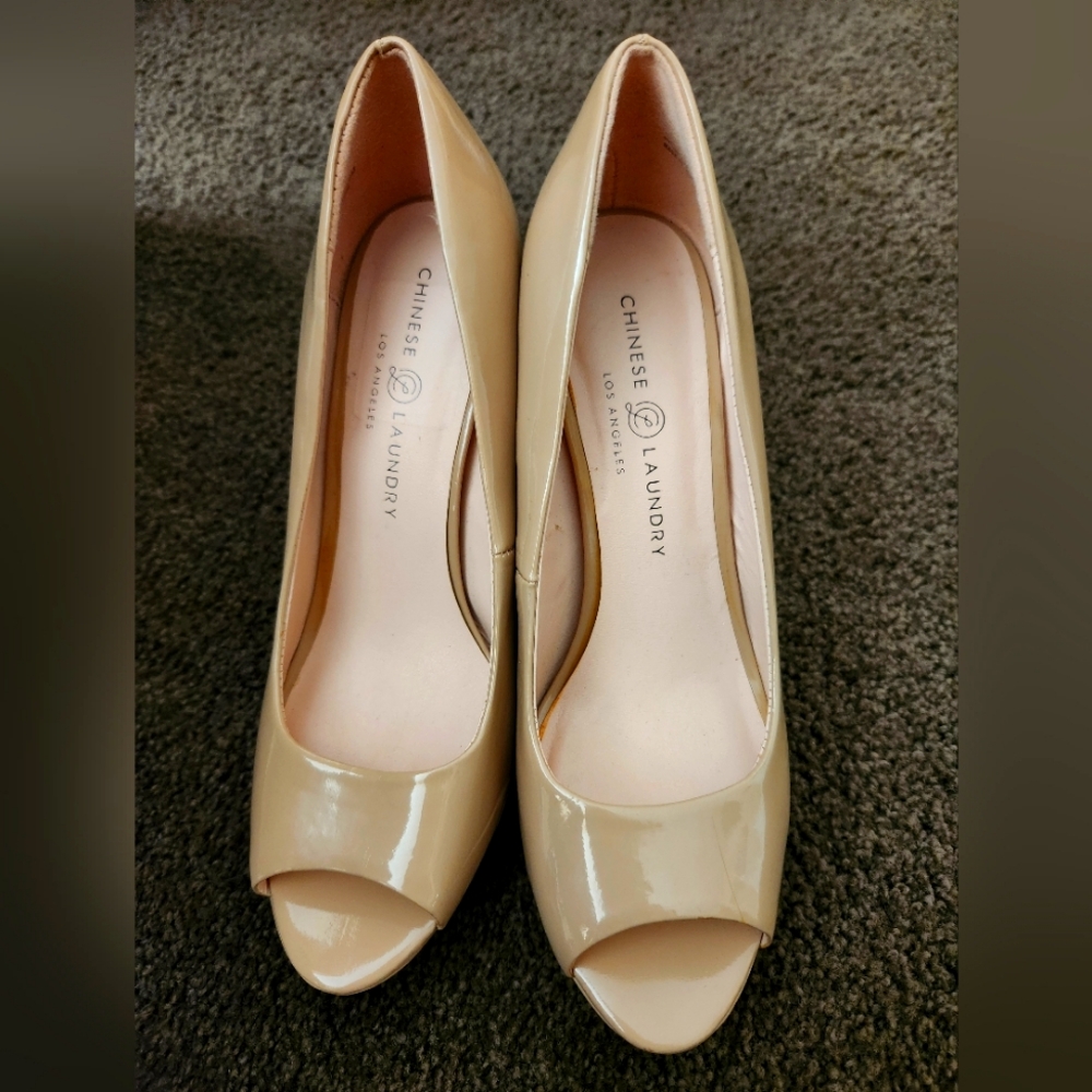 Chinese Laundry Nude Patent Peep-Toe Heels - Glossy Neutral Pumps